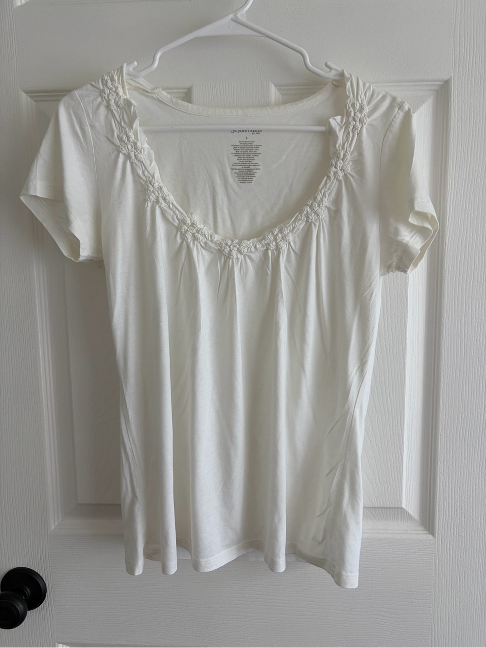 St. John's Bay White Short-Sleeve Scoop Neck Top with Floral Trim